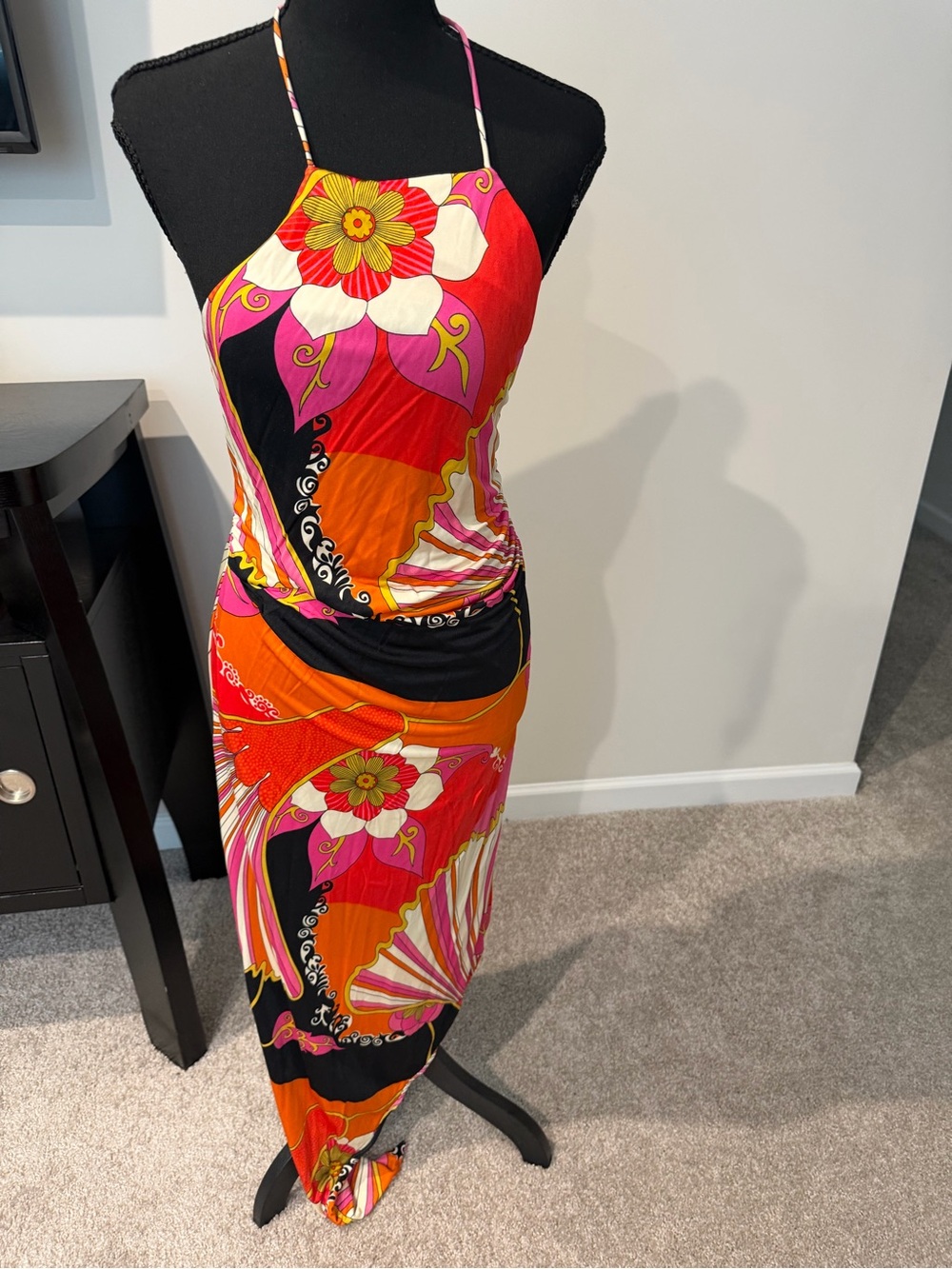 Ronny Kobo Collection Red Pink Orange Floral Halter Midi Dress